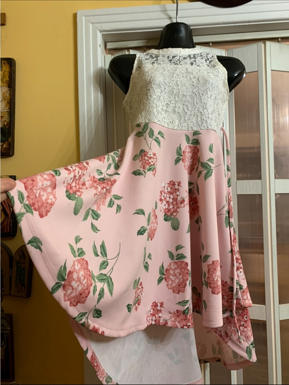 Laced Floral High-Low Skirt Dress with Pink Hydrangea Print for Girl